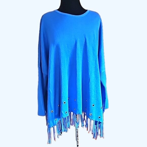Chico's blue knit gold tone grommets with fringes sweater poncho L /XL - Picture 3 of 12